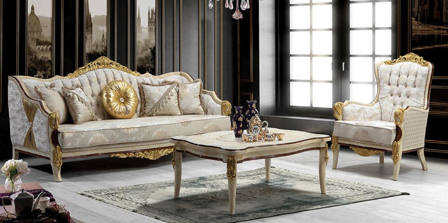 Casa Padrino Luxus Barock Wohnzimmer Set Grau / Weiß / Braun / Gold - 2 Sofas mit Muster & 2 Sessel mit Muster & 1 Couchtisch - Prunkvolle Barock Wohnzimmer Möbel Bild 1