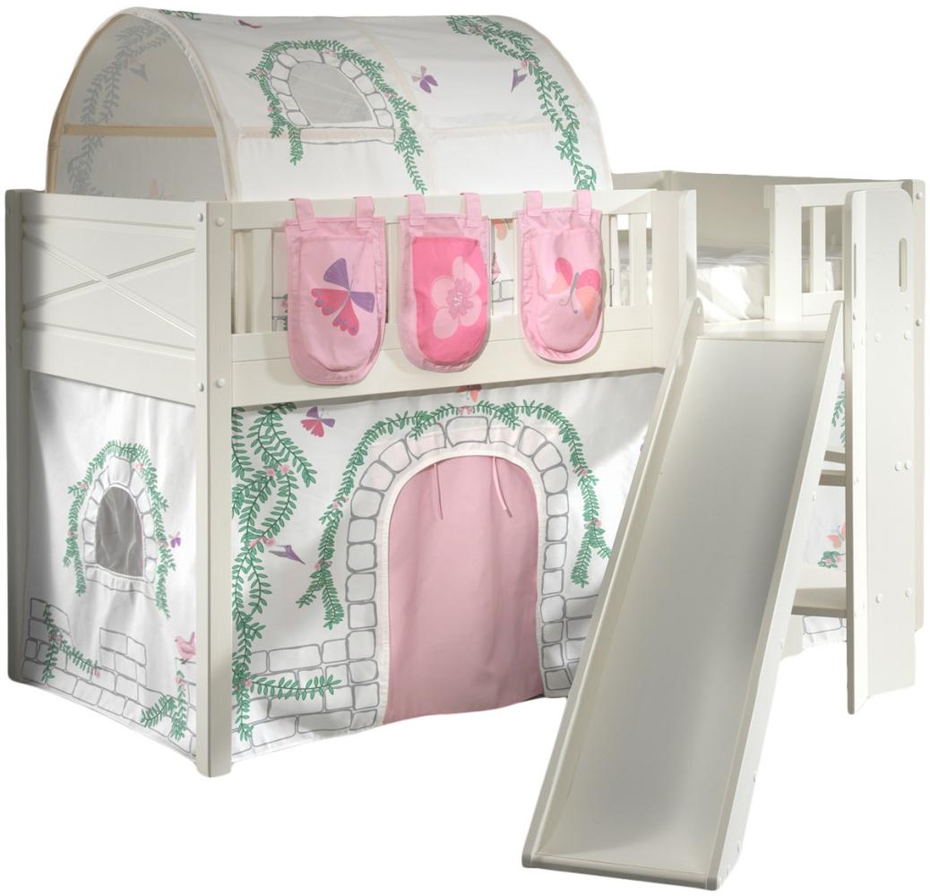 SCOTT Spielbett, LF 90 x 200 cm, mit Rolllattenrost, Rutsche, Leiter und Textilset Vorhang, Tunnel und 3 Taschen "Birdy" Bild 1