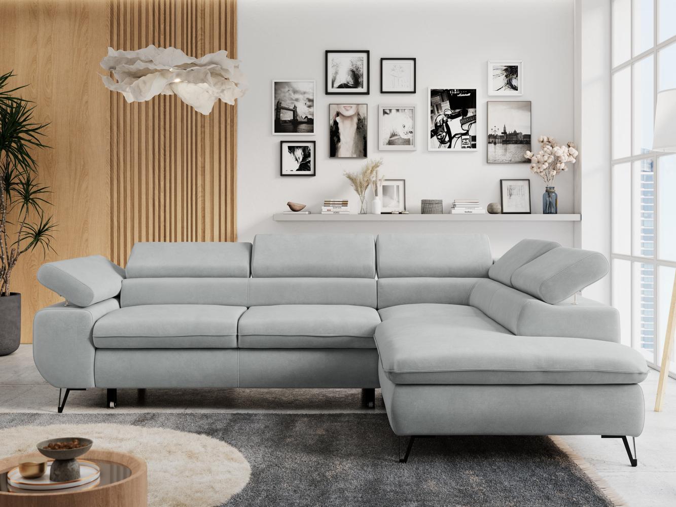 Ecksofa mit Bettfunktion, Modern Sofa, L-form, Einstellbare Kopfstützen, Bettkasten - PETER - Hellgrau Mikrofaser - Topper T25 - rechts Bild 1