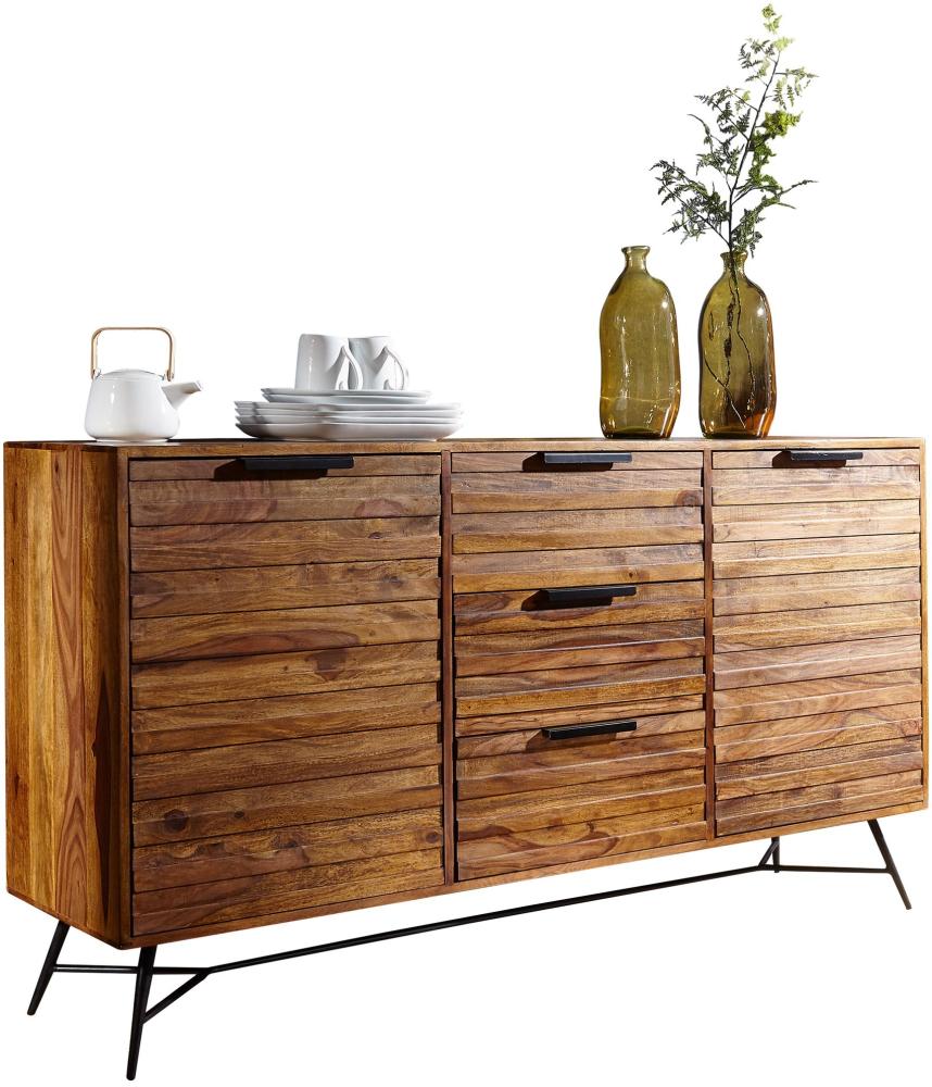 KADIMA DESIGN Sideboard "FORMIO" aus Sheesham Massivholz, 160 x 40 x 88 cm, Moderne Anrichte im Industrial-Look mit Türen, Schubladen & Metallbeinen. Bild 1