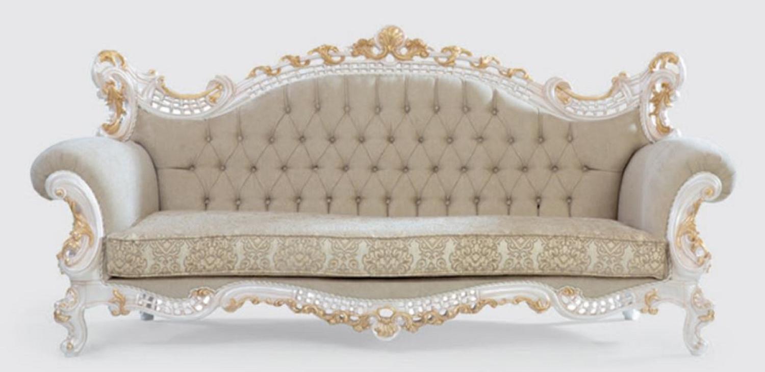 Casa Padrino Luxus Barock Sofa Greige / Weiß / Gold 230 x 95 x H. 130 cm - Handgefertigtes Wohnzimmer Sofa mit elegantem Muster - Barock Wohnzimmer Möbel - Edel & Prunkvoll Bild 1
