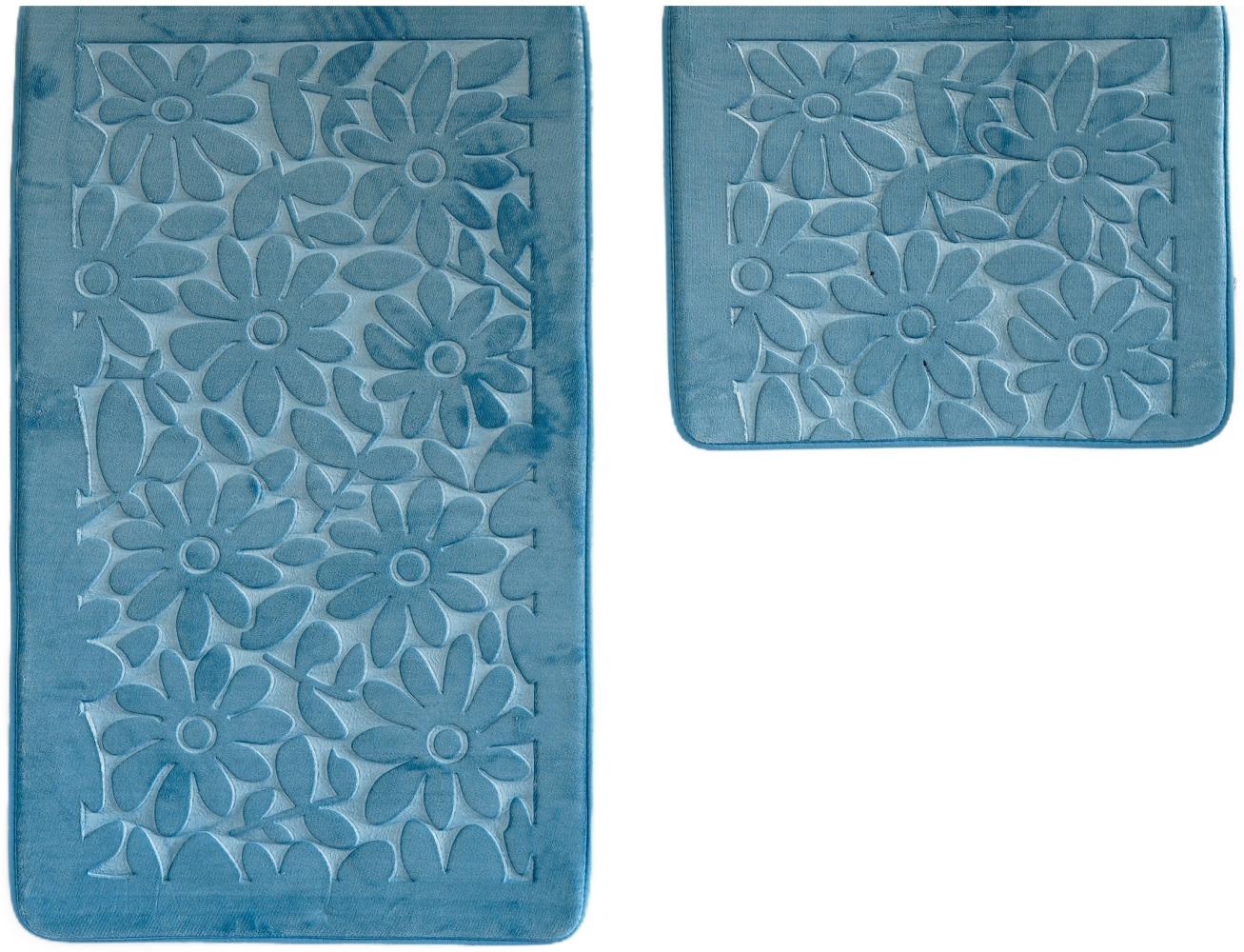 Almina Premium 2 teiliges Bademattenset aus Polyester Rutschfest Waschbar mit Blumenmotiv Blau Bild 1