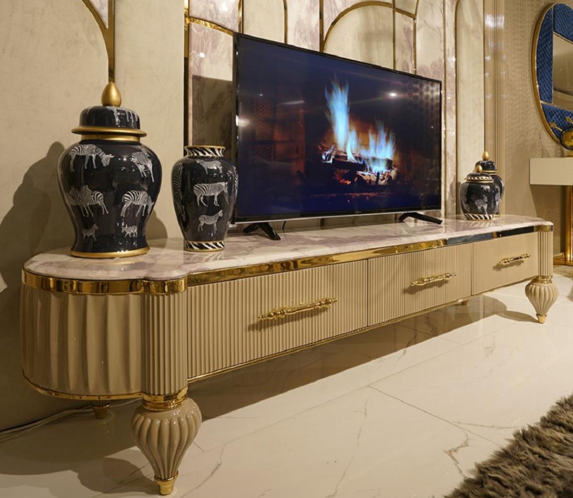 Casa Padrino Luxus Art Deco TV Schrank Weiß / Grau / Gold - Handgefertigtes Massivholz Sideboard mit 3 Schubladen - Luxus Art Deco Wohnzimmer & Hotel Möbel Bild 1