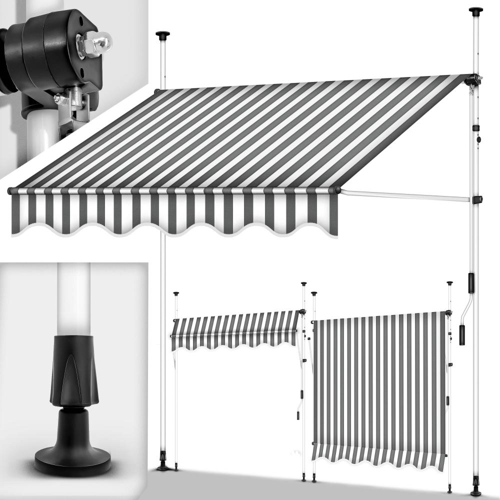 tillvex Balkonmarkise 150 cm Grau/Weiß Gelenkarm Markise Klemmmarkise Sonnenmarkise Balkon ohne Bohren Bild 1