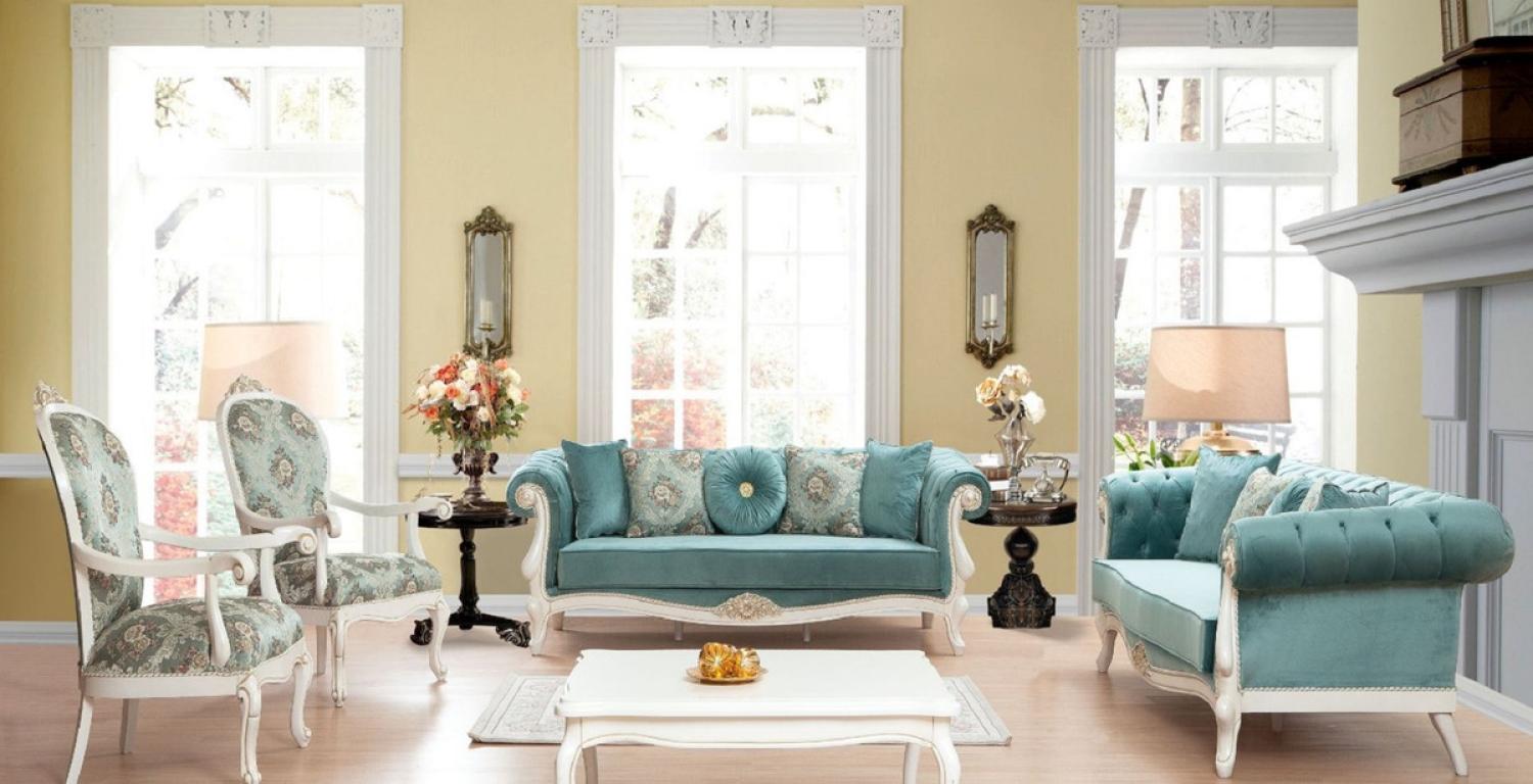 Casa Padrino Luxus Barock Wohnzimmer Set Türkis / Grün / Weiß - 2 Sofas & 2 Sessel mit Muster & 1 Couchtisch - Wohnzimmer Möbel im Barockstil - Edel & Prunkvoll Bild 1