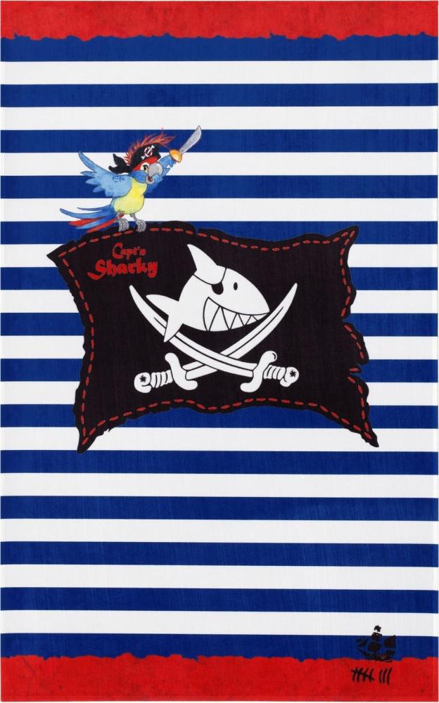 Kinderteppich- Der Pirat "Captin Sharky" und seine Freunde, die Flagge mit gestreiften Hintergrund, Spielteppich 160 x 100 cm Bild 1