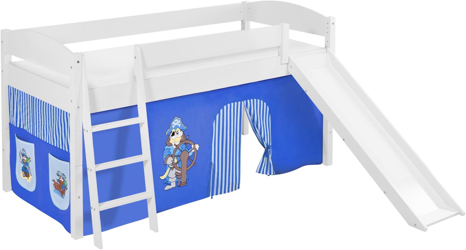 Lilokids 'Ida 4105' Spielbett 90 x 200 cm, Pirat Blau, Kiefer massiv, mit Rutsche und Vorhang Bild 1
