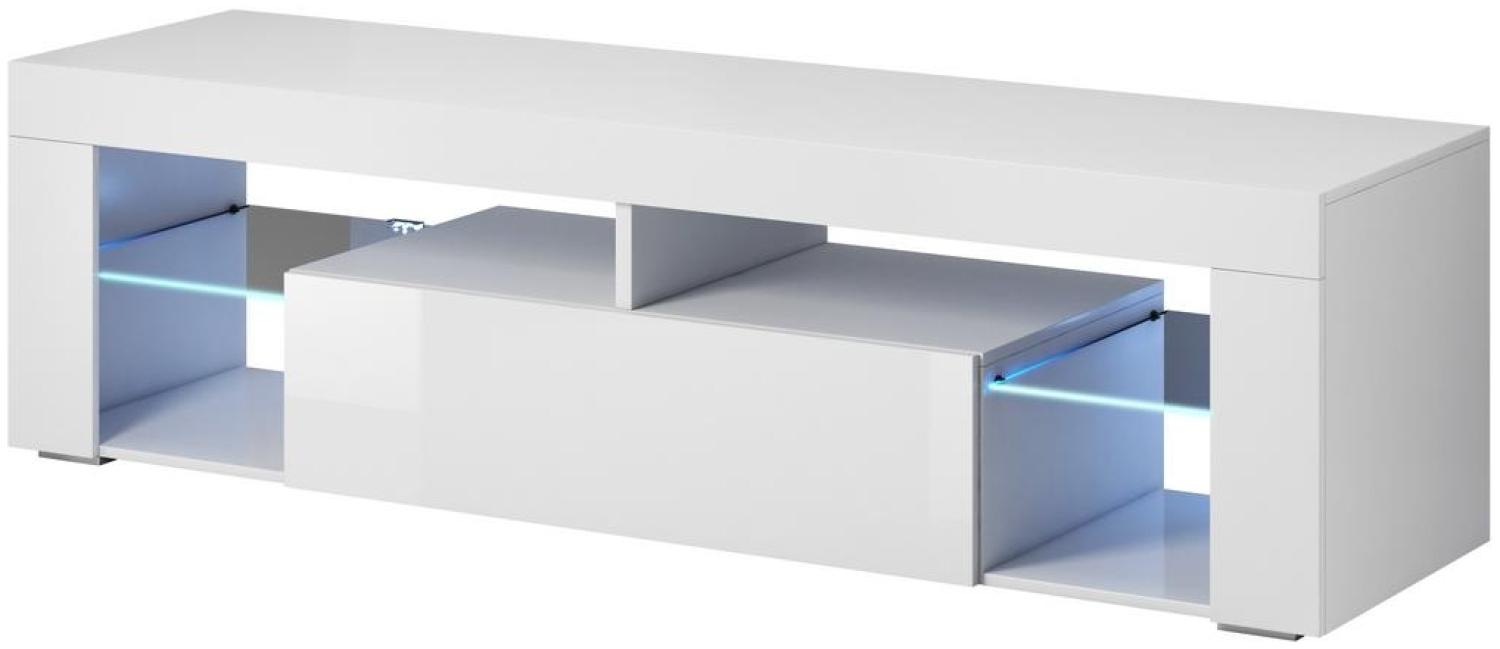 Domando Lowboard Velletri Modern für Wohnzimmer Breite 140cm, Hochglanzfront, mit LED Beleuchtung in blau, Weiß Matt und Weiß Hochglanz Bild 1