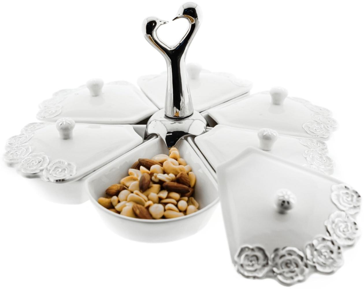 6-teiliges Snackschalen-Set aus Porzellan in Weiß Silberne Halterung und Rosenmuster Bild 1