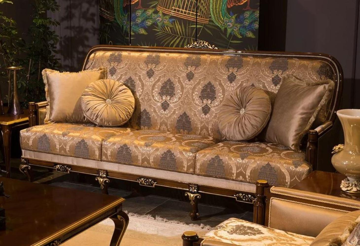 Casa Padrino Luxus Barock Sofa Grau / Braun / Gold 221 x 80 x H. 110 cm - Wohnzimmer Sofa mit elegantem Muster und dekorativen Kissen - Edle Wohnzimmer Möbel im Barockstil Bild 1