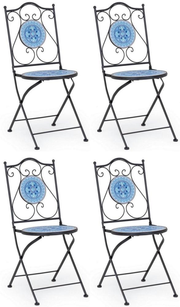 Casa Padrino Jugendstil Gartenstuhl 4er Set Schwarz / Blau / Weiß 39 x 47 x H. 92 cm - Klappbare Stühle mit Keramik Platten - Nostalgische Garten & Gastronomie Möbel Bild 1
