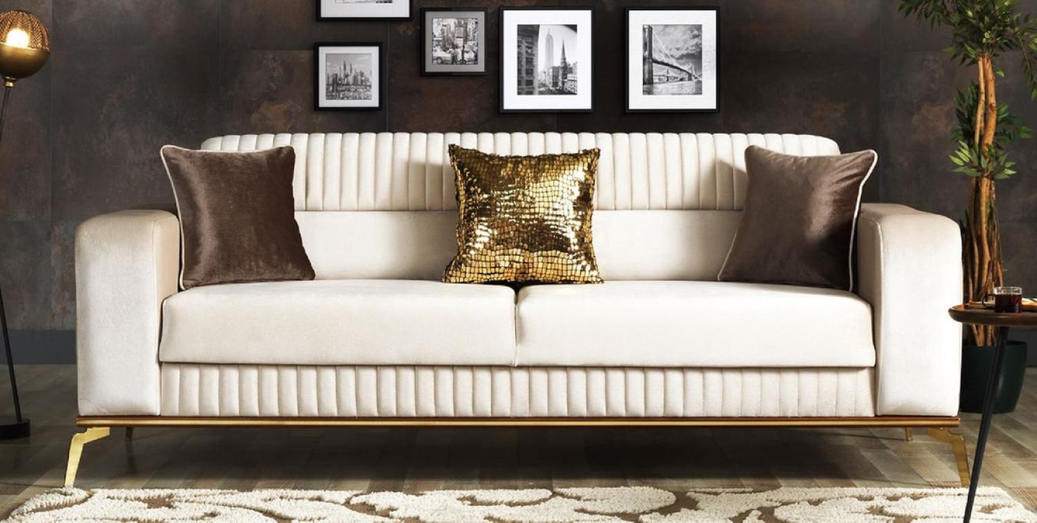 Casa Padrino Luxus Schlafsofa Creme / Braun / Gold 225 x 92 x H. 83 cm - Wohnzimmer Sofa mit 3 Kissen - Luxus Wohnzimmer Möbel Bild 1