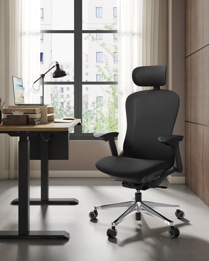 SONGMICS Bürostuhl, Schreibtischstuhl, ergonomisch, verstellbar, neigbare Rückenlehne, nach vorne oder hinten verstellbarer Sitz, bis 150 kg belastbar, tintenschwarz Bild 1