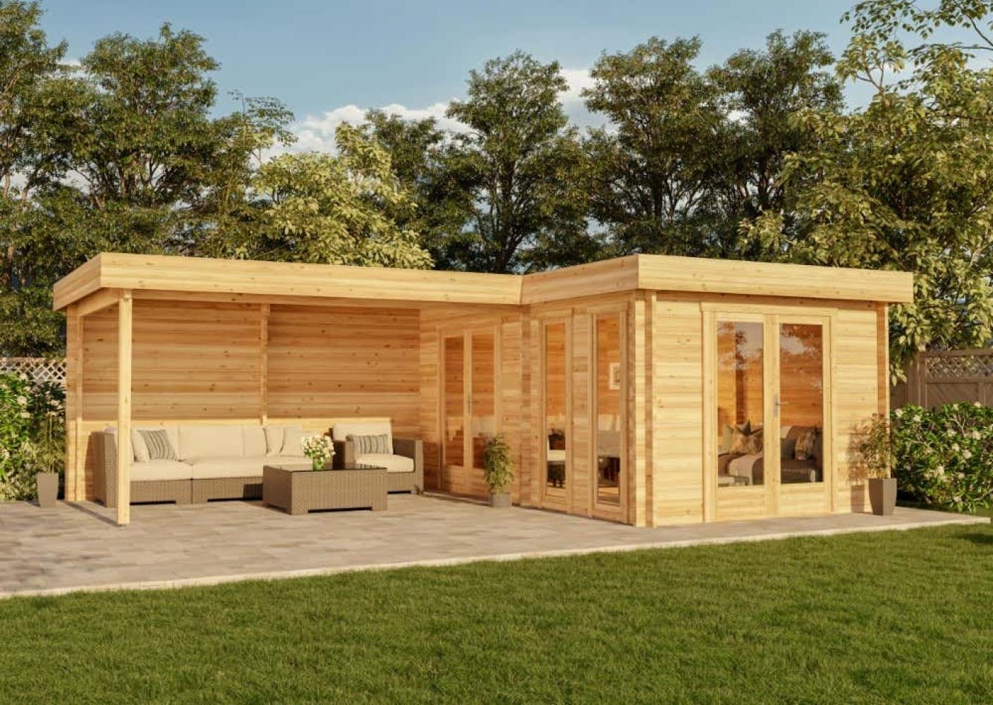 Alpholz Flachdach Gartenhaus Modell Quinta ISO Gartenhaus aus Holz Holzhaus mit 44 mm Wandstärke inklusive Schleppdach FSC zertifiziert Blockbohlenhaus mit Montagematerial Bild 1