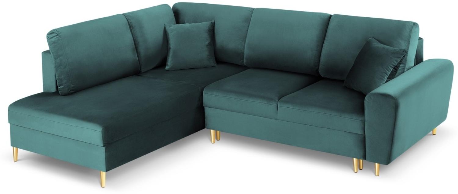 Micadoni 5-Sitzer Samtstoff Ecke links Sofa mit Bettfunktion und Box Moghan | Bezug Petrol | Beinfarbe Gold Metal Bild 1
