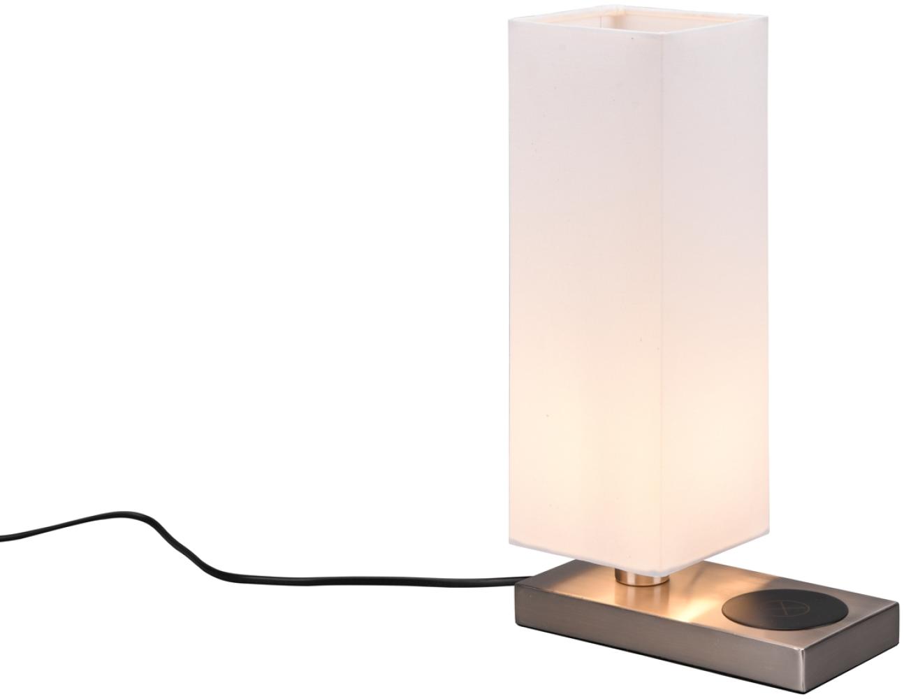 LED Tischleuchte Silber induktive Ladestation & Touch, Stoffschirm Weiß, H 35cm Bild 1