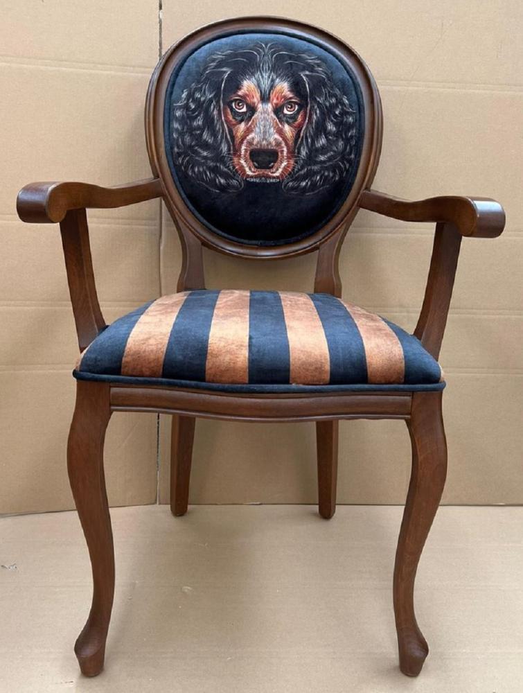 Casa Padrino Luxus Barock Esszimmer Stuhl Schwarz / Braun - Handgefertigter Antik Stil Stuhl mit Armlehnen und edlem Samtstoff - Esszimmer Möbel im Barockstil Bild 1