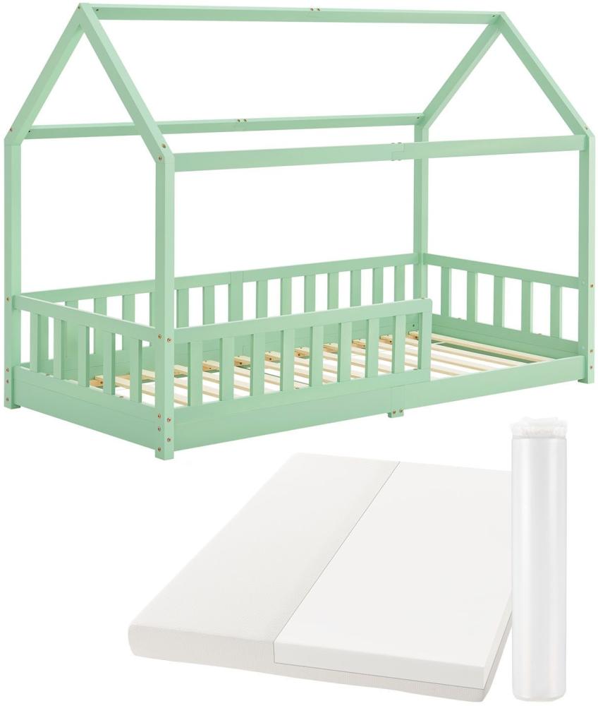 Juskys Kinderbett Marli 90 x 200 cm mit Matratze, Rausfallschutz, Lattenrost & Dach - Massivholz Hausbett für Kinder - Bett in Mint Bild 1