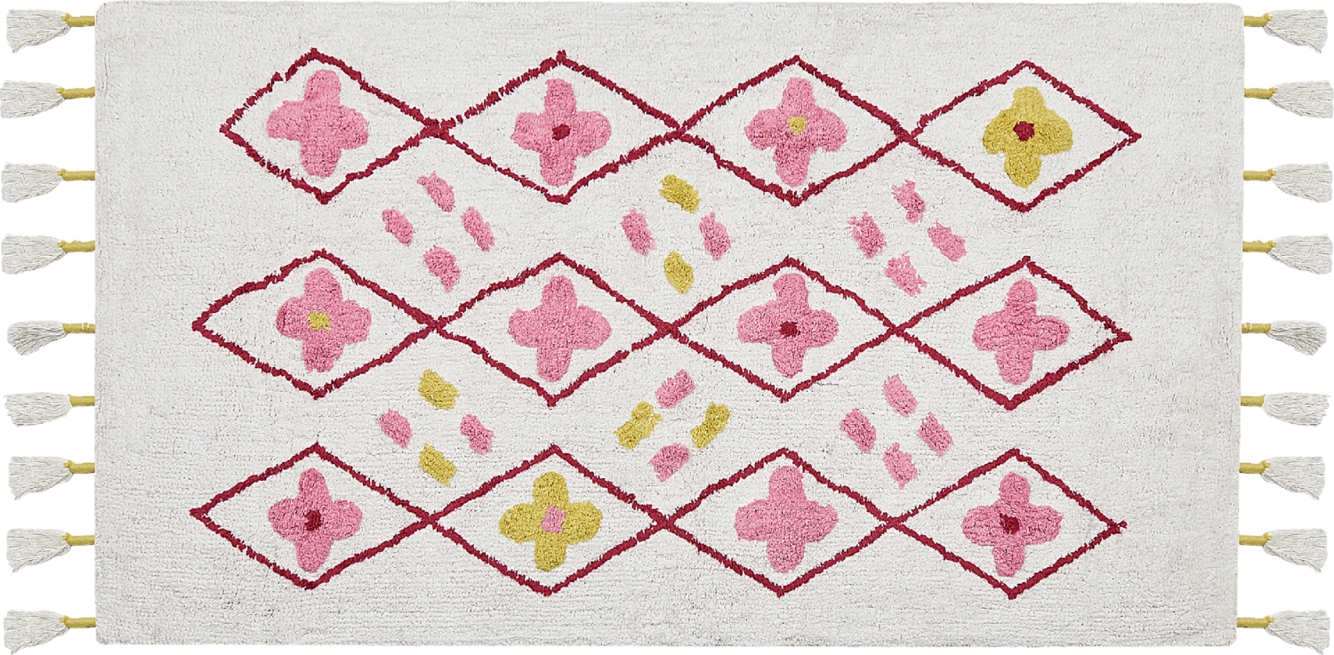 Kinderteppich Baumwolle weiss rosa 80 x 150 cm geometrisches Muster Kurzflor CAVUS Bild 1