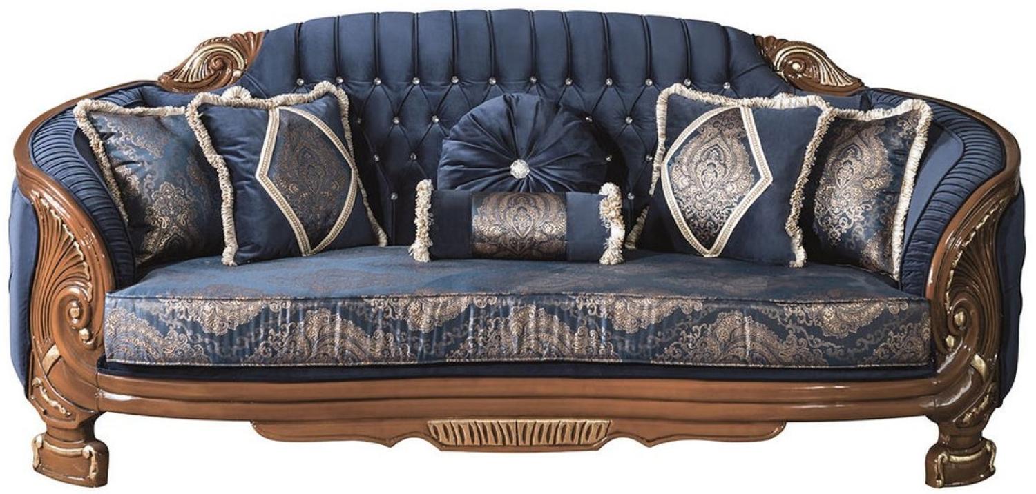 Casa Padrino Luxus Barock Wohnzimmer Sofa mit Glitzersteinen und dekorativen Kissen Blau / Braun 240 x 90 x H. 105 cm - Edel & Prunkvoll Bild 1