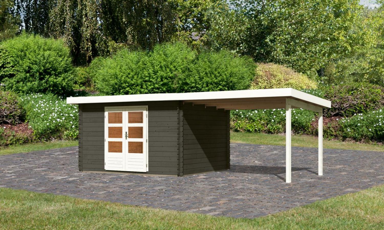 Gartenhaus Bastrup 7 - 640x297 cm mit Anbaudach 3,00 m, 28 mm Holz terragrau, Karibu Bild 1