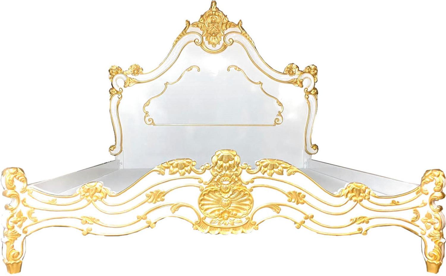 Casa Padrino Luxus Barock Doppelbett Weiß / Gold - Edles Massivholz Bett mit Kopfteil - Prunkvolle Schlafzimmer Möbel im Barockstil Bild 1