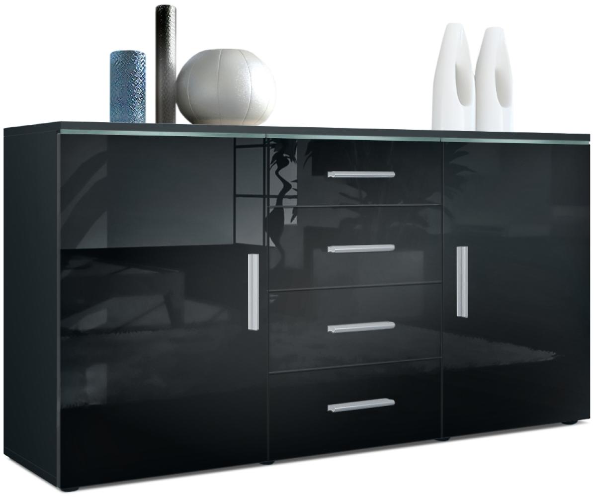 Sideboard Kommode Faro, Korpus in Schwarz matt / Front in Schwarz Hochglanz (139 x 72 x 35) Bild 1