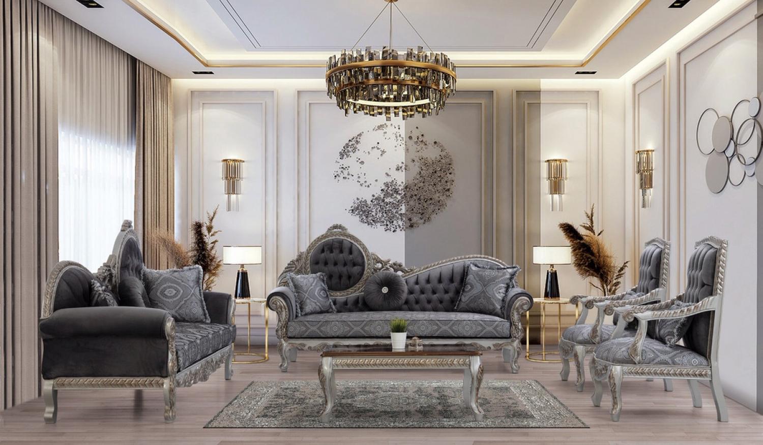 Casa Padrino Luxus Barock Wohnzimmer Set Grau / Blau / Silber / Bronze - 2 Sofas & 2 Sessel & 1 Couchtisch - Prunkvolle Wohnzimmer Möbel im Barockstil Bild 1