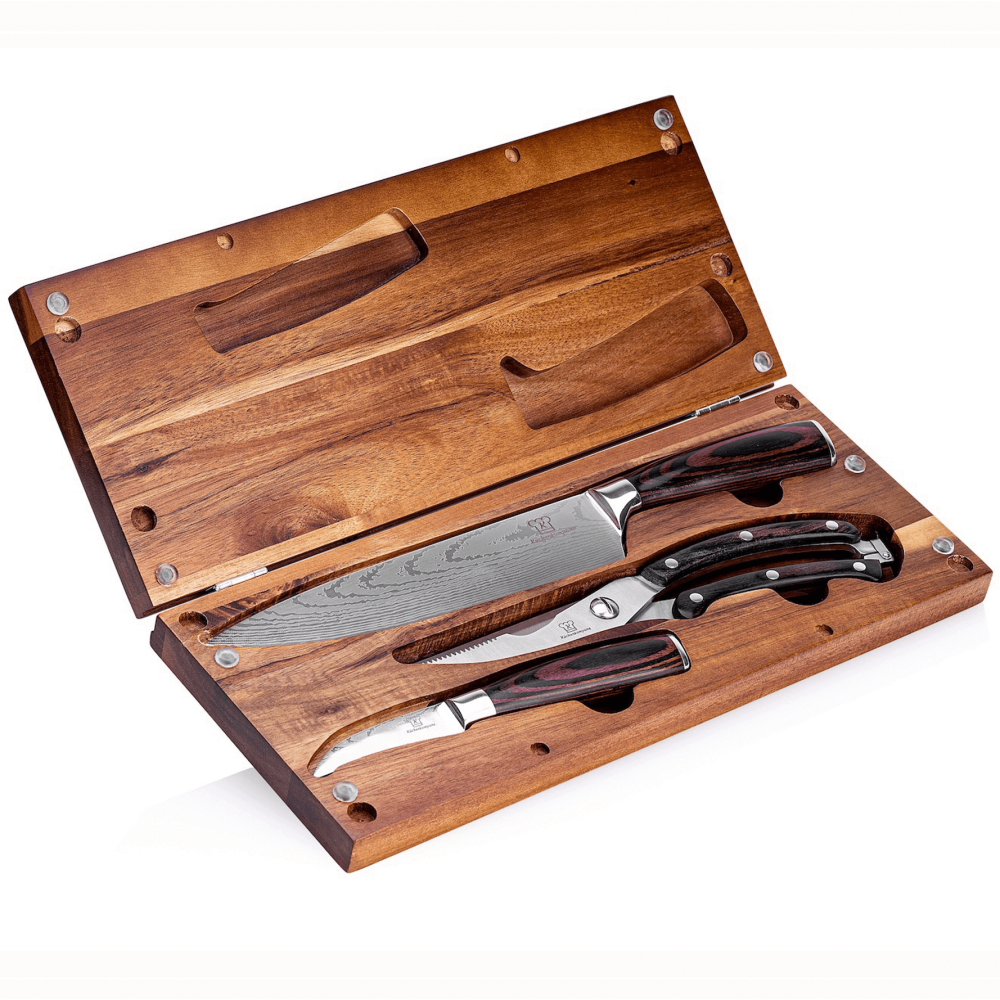 Outdoor Messerset 3in1 - Messerset mit Messerbox und Schneidebrett in einem - Camping Messerset mit Geflügelschere Bild 1