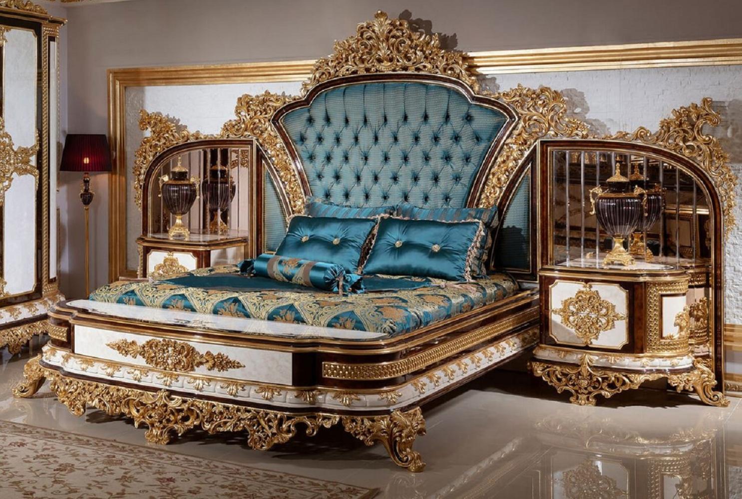 Casa Padrino Luxus Barock Doppelbett Blau / Weiß / Braun / Gold - Prunkvolles Massivholz Bett mit verspiegeltem Kopfteil - Schlafzimmer Möbel im Barockstil - Edel & Prunkvoll Bild 1