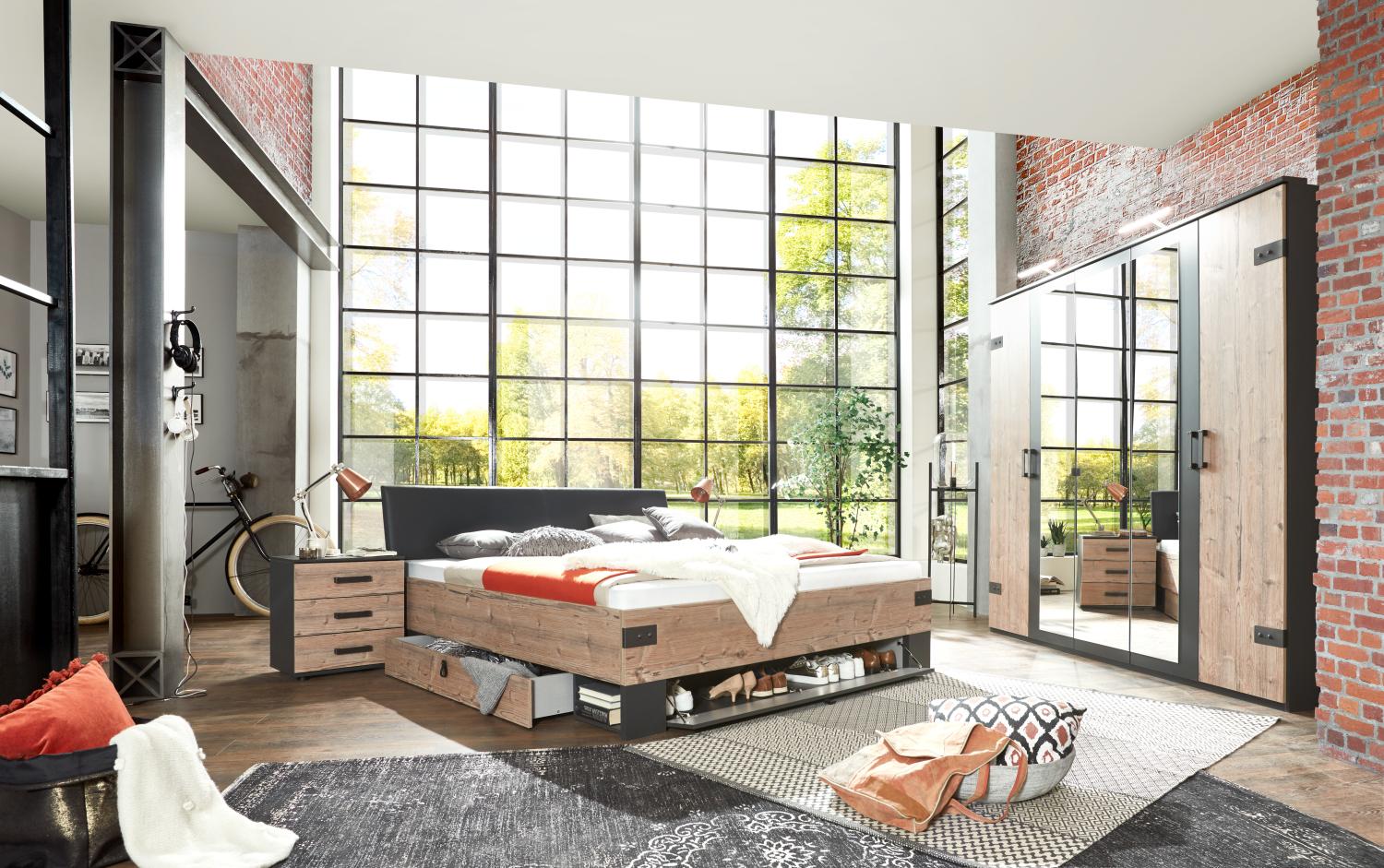 Schlafzimmer Komplett Set STOCKHOLM Bett Kleiderschrank 225cm graubraun Spiegel Bild 1