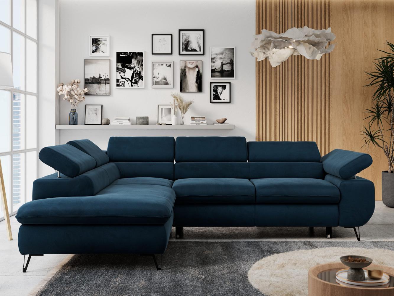 Ecksofa mit Bettfunktion, Modern Sofa, L-form, Einstellbare Kopfstützen, Bettkasten - PETER - Dunkelblau Velours - links Bild 1