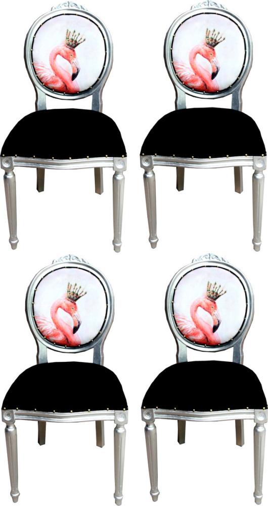 Casa Padrino Luxus Barock Esszimmer Set Flamingo mit Krone Schwarz / Mehrfarbig / Silber 48 x 50 x H. 98 cm - 4 handgefertigte Esszimmerstühle mit Bling Bling Glitzersteinen - Barock Esszimmermöbel Bild 1