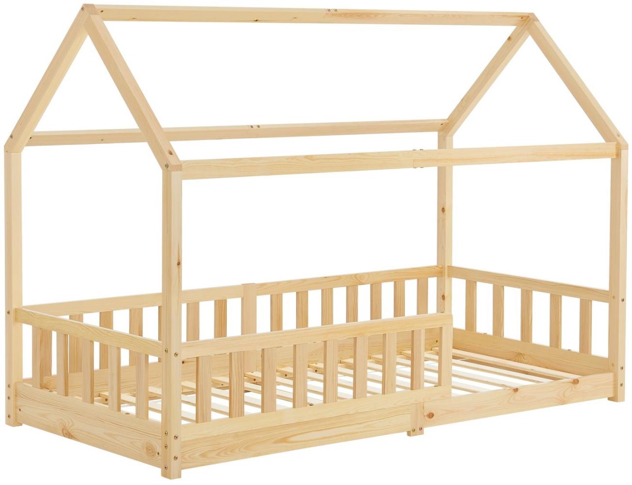 Juskys Kinderbett Marli 90 x 200 cm mit Rausfallschutz, Lattenrost und Dach - Massivholz Hausbett für Kinder - Bett in Natur Bild 1