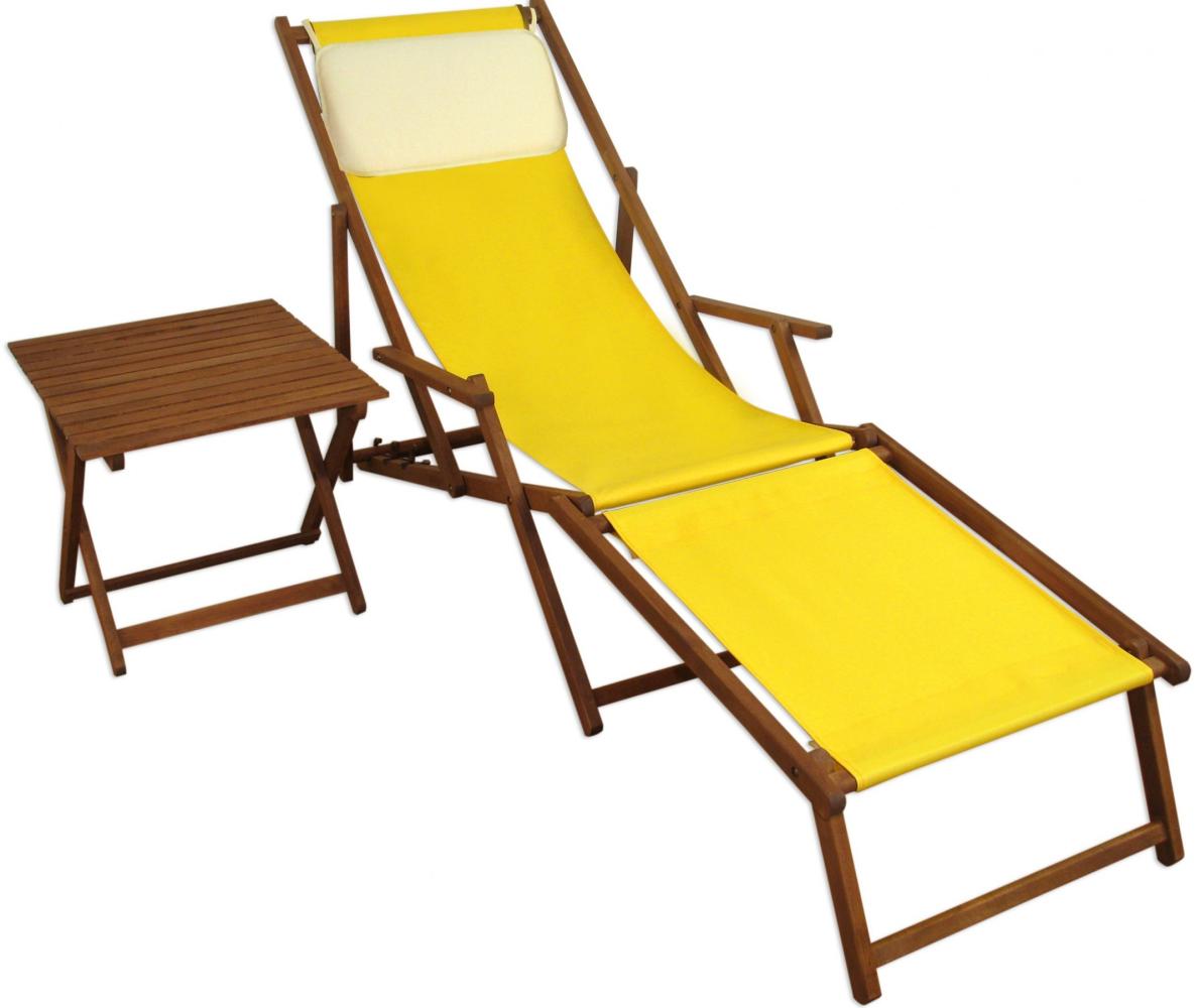 Gartenliege Liegestuhl gelb Fußablage Tisch Kissen Deckchair Holz Sonnenliege Buche 10-302FTKH Bild 1