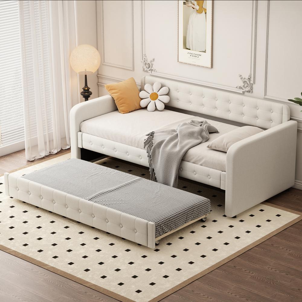 Merax 90*200cm Sofabett, Tagesbett, mit ausziehbares rollbett, großer Stauraum, hellbeige Bild 1
