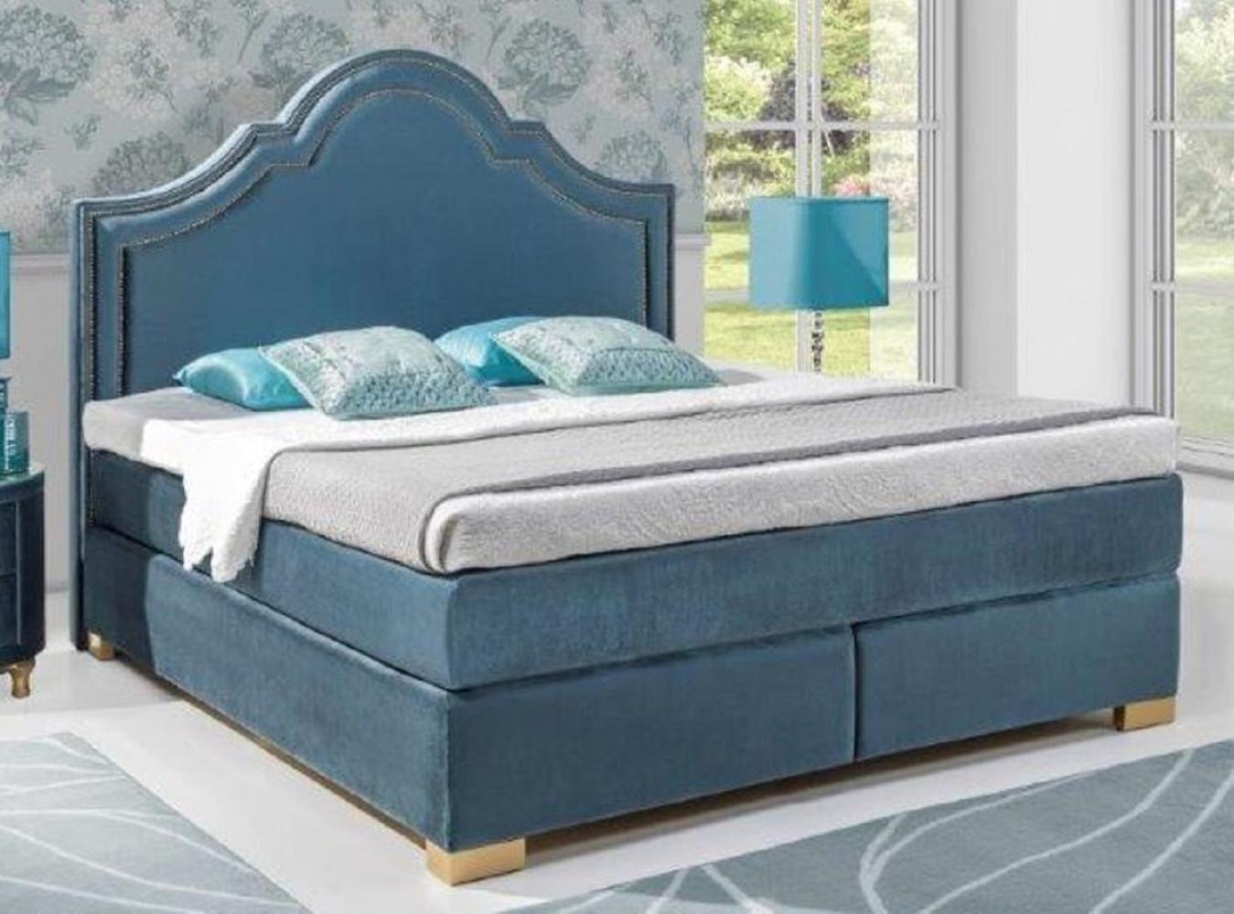 Casa Padrino Jugendstil Doppelbett Blau / Gold - Verschiedene Größen - Elegantes Massivholz Bett mit Kopfteil - Jugendstil Schlafzimmer Möbel Bild 1