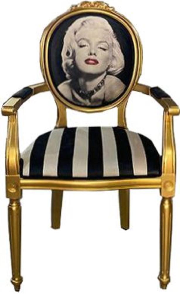 Casa Padrino Barock Esszimmerstuhl Marilyn Monroe Schwarz / Weiß / Gold - Handgefertigter Antik Stil Stuhl mit Armlehnen - Esszimmer Möbel im Barockstil Bild 1