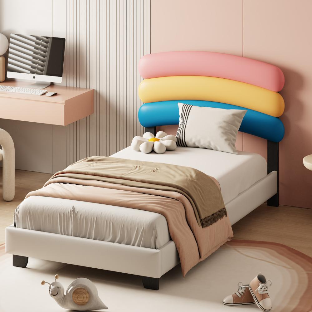 Merax Kinderbett Polsterbett 90*200cm mit Lattenrost, Regenbogenform PU-Leder Jungen- und Mädchenbett Weiß Bild 1