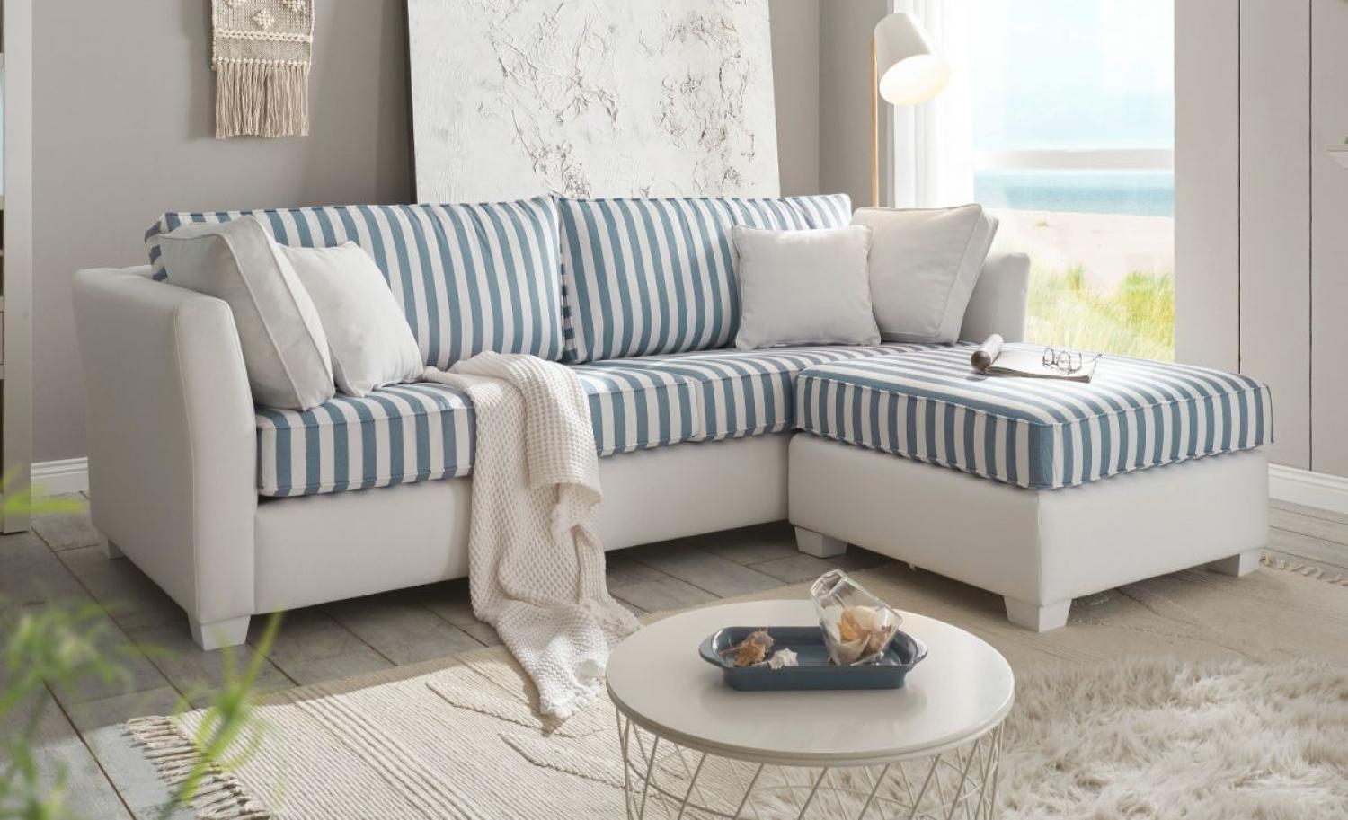 Sofa 3-Sitzer Hooge in creme und blau Set inkl. Hocker 240 cm Bild 1