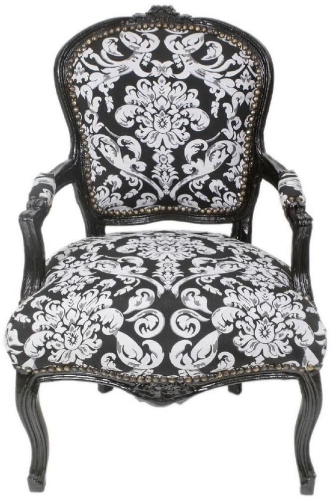 Casa Padrino Barock Salon Stuhl mit Armlehnen und elegantem Muster Schwarz / Weiß 60 x 60 x H. 95 cm - Handgefertigter Antik Stil Stuhl - Möbel im Barockstil Bild 1
