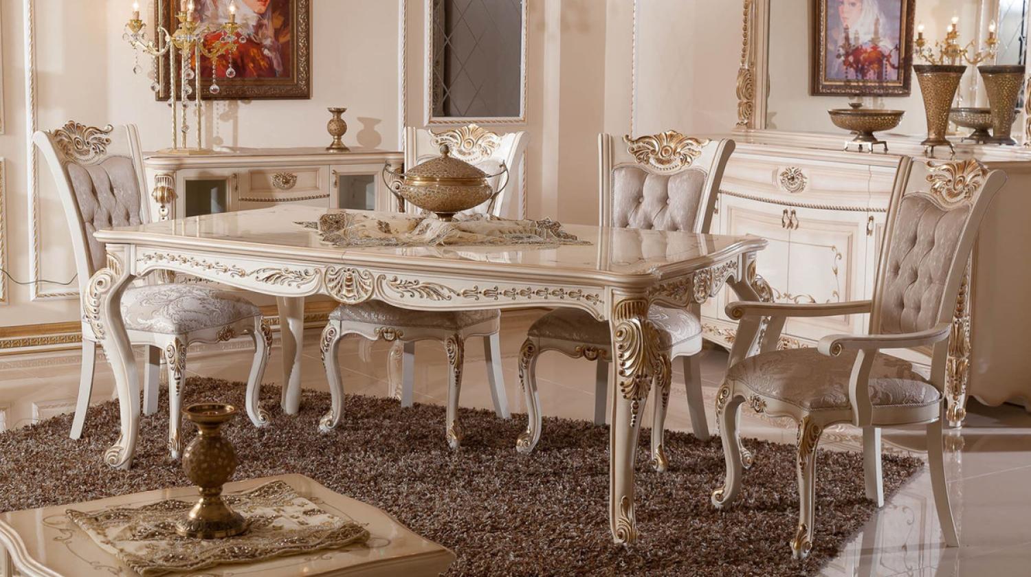 Casa Padrino Luxus Barock Esszimmer Set Grau / Weiß / Beige / Gold - 1 Barock Esstisch & 6 Barock Esszimmerstühle - Luxus Esszimmer Möbel im Barockstil - Prunkvolle Barock Esszimmer Möbel Bild 1
