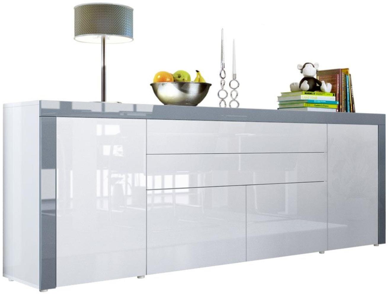 Vladon Sideboard La Paz V2, Kommode mit 2 Türen, 2 Schubkästen und 2 Klappen, Weiß Hochglanz/Weiß Hochglanz/Grau Hochglanz (200 x 72 x 35 cm) Bild 1