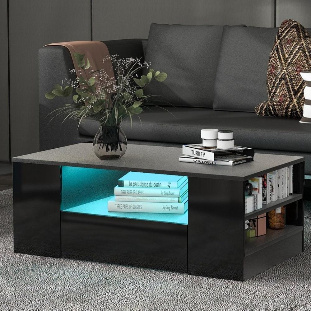 Merax Couchtisch hochglanz Sofatisch mit LED-Beleuchtung, Wohnzimmertisch, Beistelltisch mit 4 Ablage und 2 Schubladen inkl. Fernbedienung Bild 1