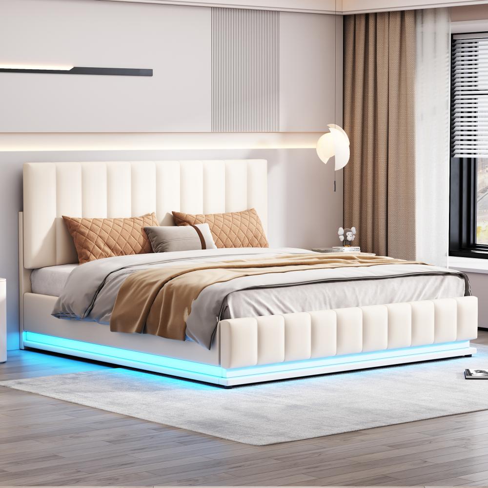 Merax Polsterbett 160 x 200 cm mit LED, Metalllattenrost, Doppelbett mit höheverstellbarem Polsterkopfteil, Weiß(ohne Matratze) Bild 1
