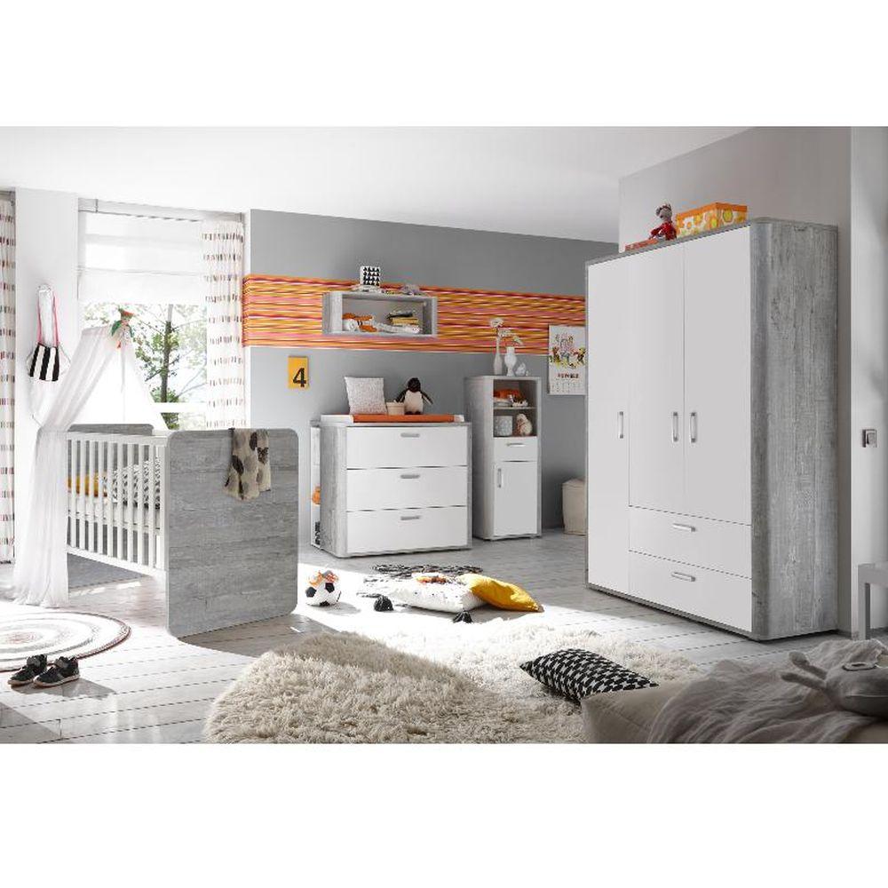 Storado 'Frieda' 5-tlg. Babyzimmer-Set für Zwillinge, vintage wood/grey weiß matt, aus 2 Betten 70x140 cm, Kleiderschrank, Wickelkommode und Wandregal Bild 1