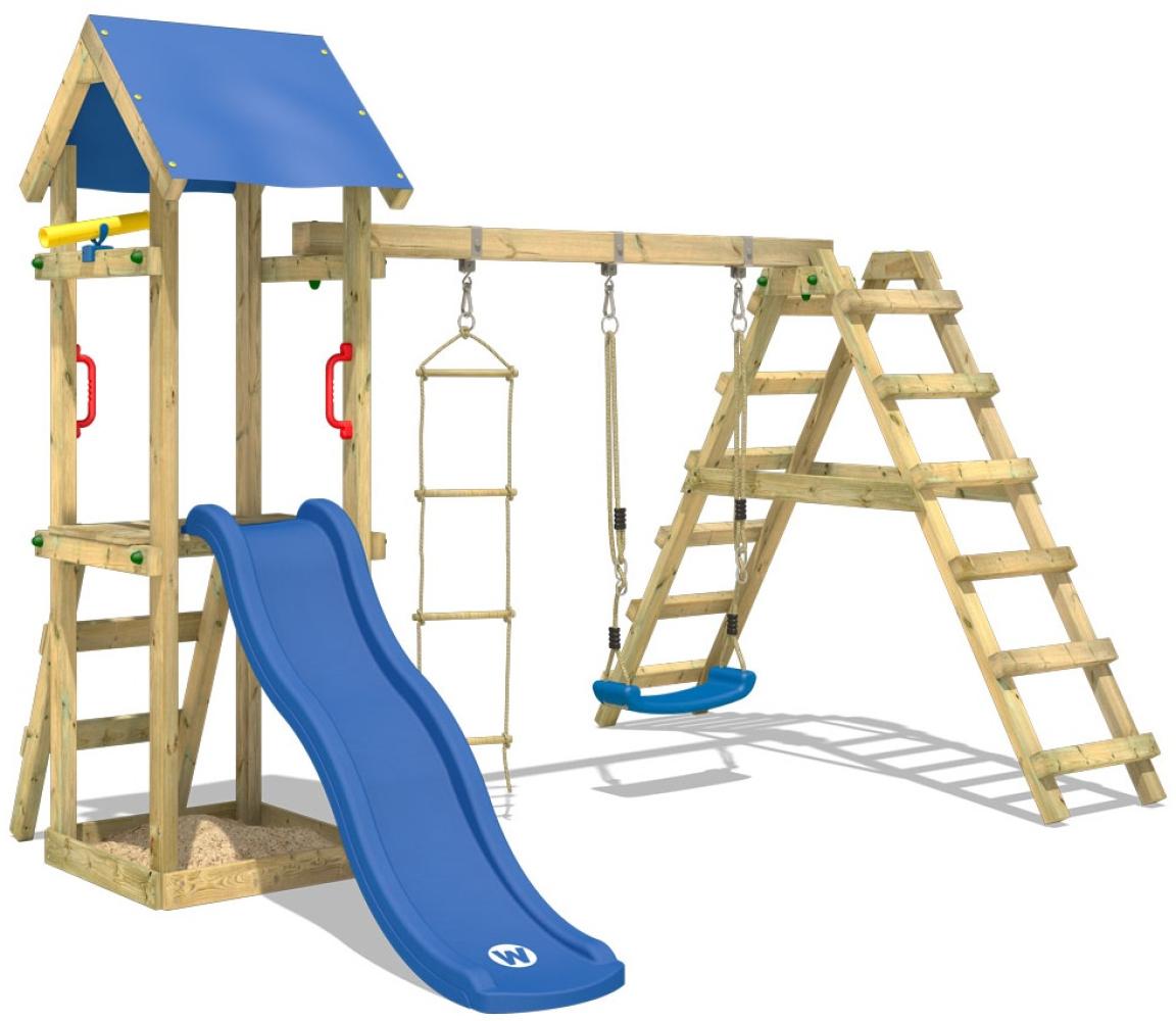 WICKEY Spielturm Klettergerüst TinyLoft mit Schaukel & blauer Rutsche, Kletterturm mit Sandkasten, Leiter & Spiel-Zubehör Bild 1
