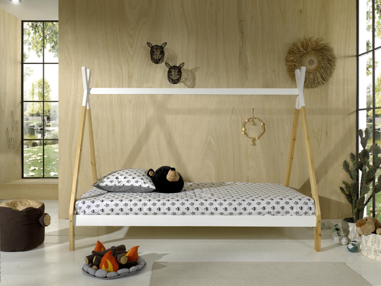 Tipi Zelt Bett Liegefläche 90 x 200 cm, inkl. Rolllattenrost, Ausf. Kiefer massiv natur/weiß Bild 1
