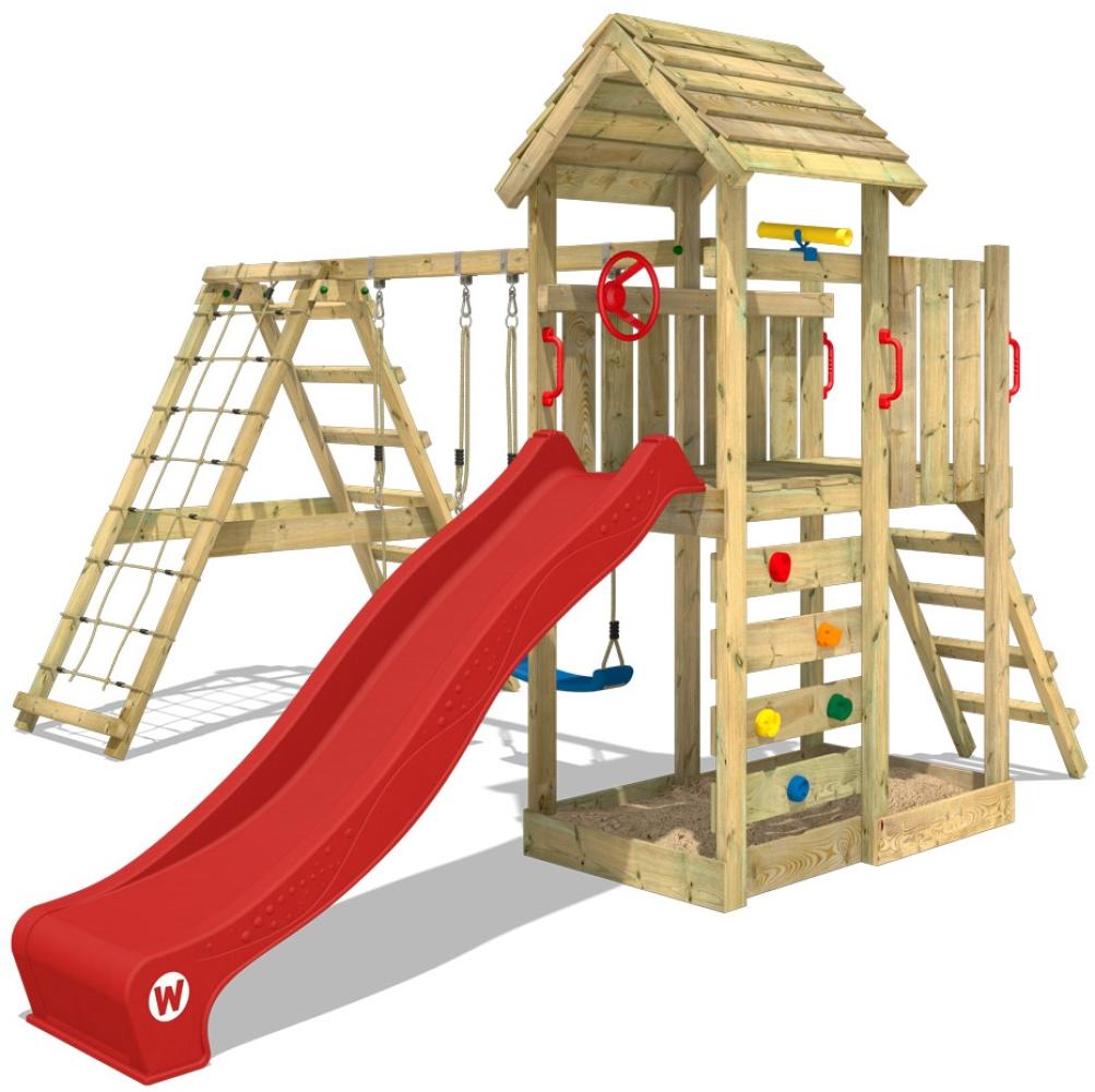 WICKEY 'Spielturm RocketFlyer', mit Schaukel & roter Rutsche, Kletterturm mit Sandkasten, Leiter & Spiel-Zubehör Bild 1