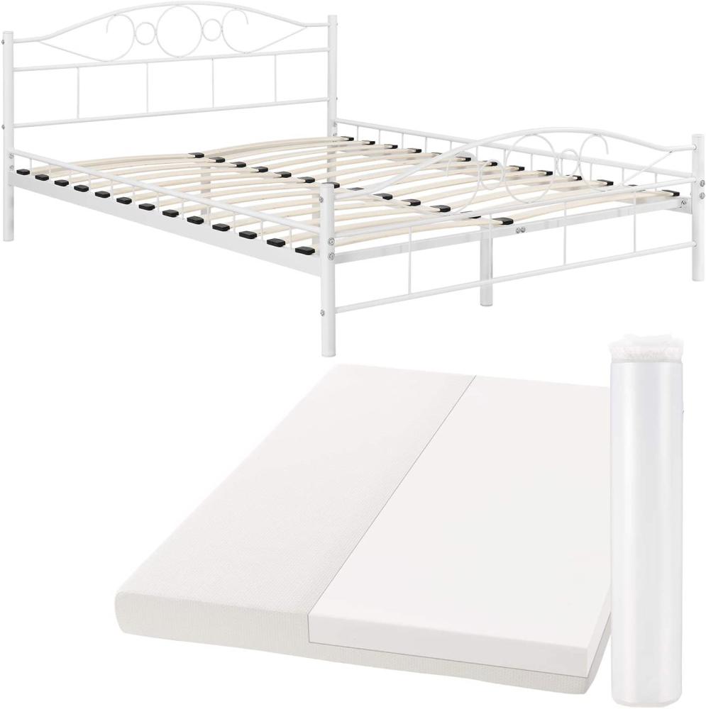 Juskys Metallbett Toskana 140 x 200 cm weiß – Komplett Set mit Matratze - Bett mit Lattenrost und Kaltschaummatratze – modern & massiv – große Liegefläche Bild 1